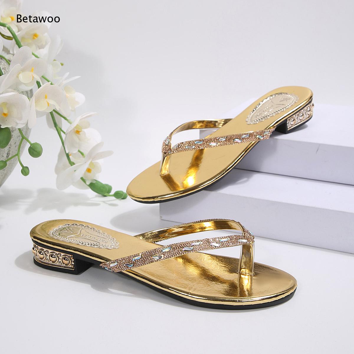 Thong Rhinestone Low Heel Slid - đánh giá và giá Gold Chain Sandal